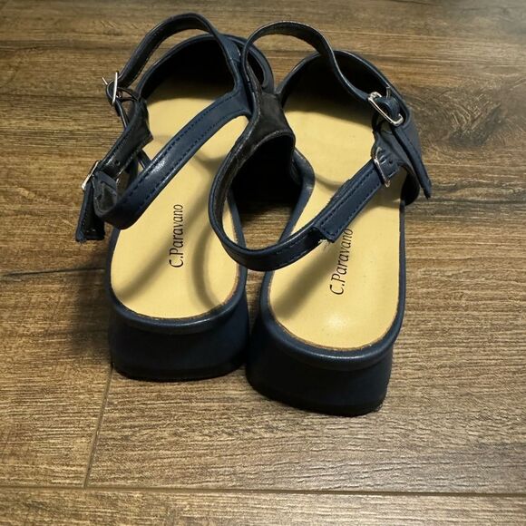 C.Paravano Navy Leather Square Toe Slingback Flats - Picture 7 of 9